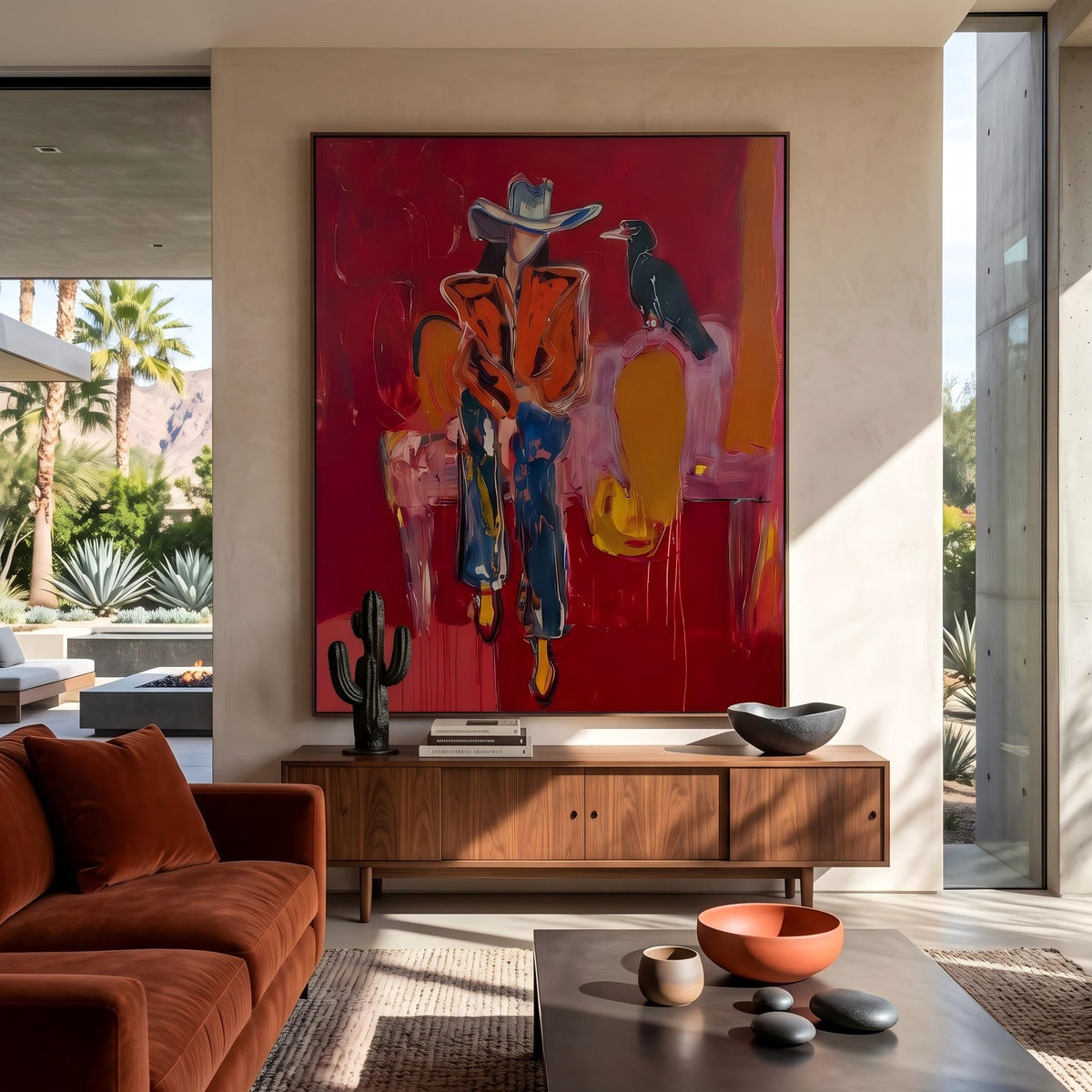 "Crow Cowgirl" - Modern Heavy Impasto Western Animal Artwork | Golden & Pink Palette Knife Painting | Luxury Vertical Wall Art #YK 1575