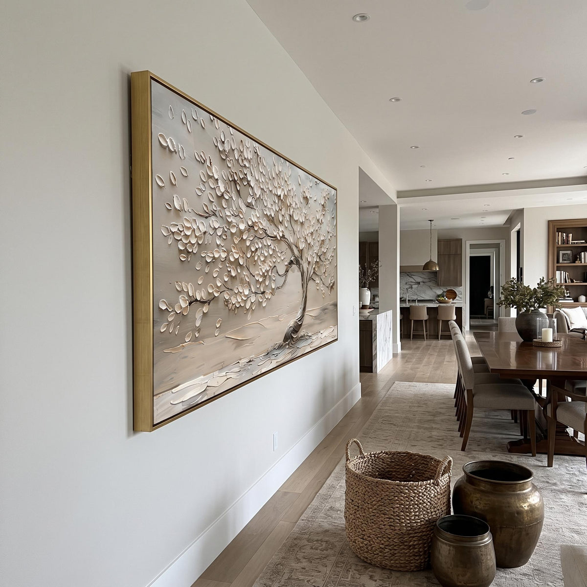 "Life Tree" - Modern Heavy Impasto Botanical Tree Artwork | White Palette Knife Painting | Luxury Horizontal Wall Art #YK 1546