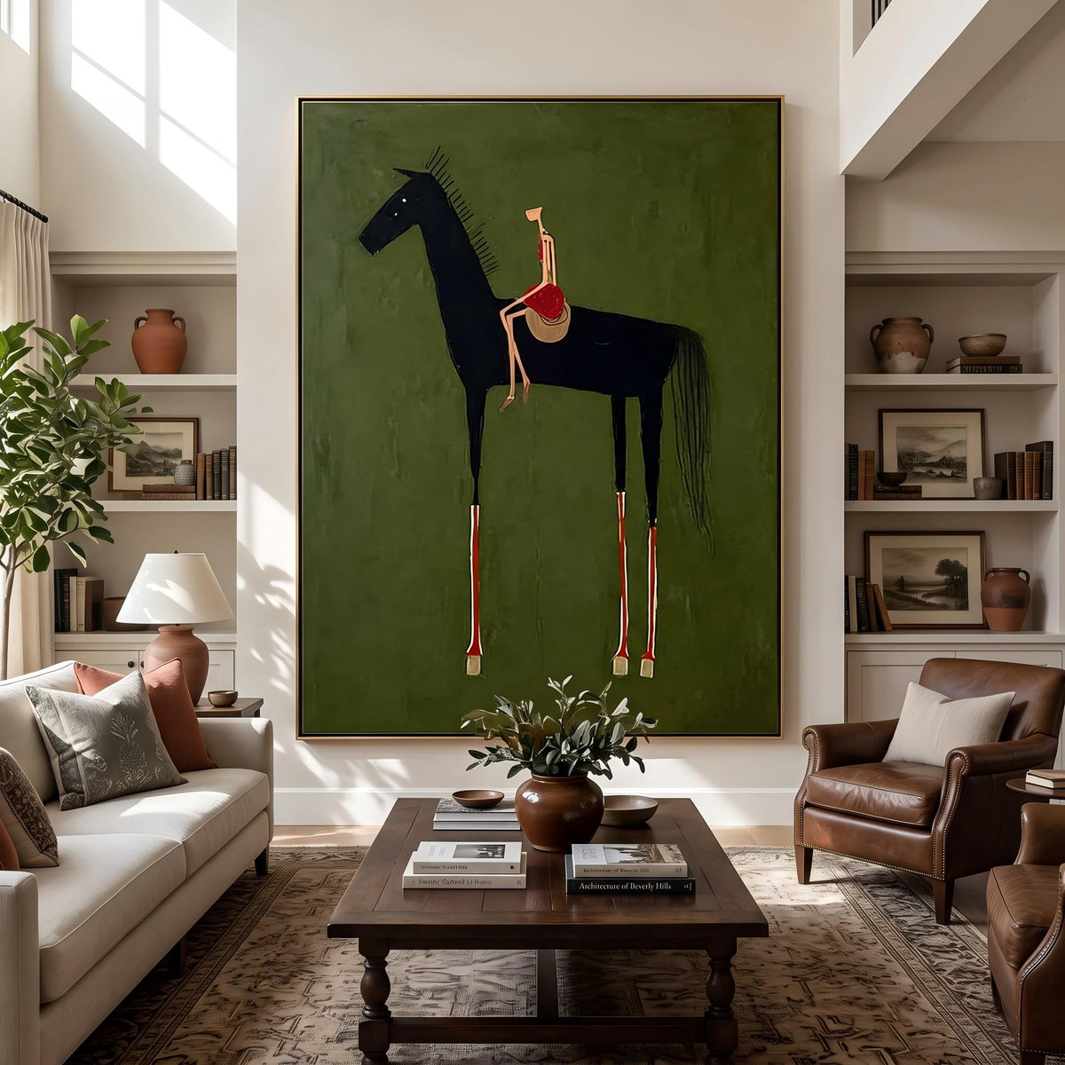 "Black Horse & Rider" - Modern Heavy Impasto Western Animal Artwork | Green Palette Knife Painting | Luxury Vertical Wall Art #YK 1558