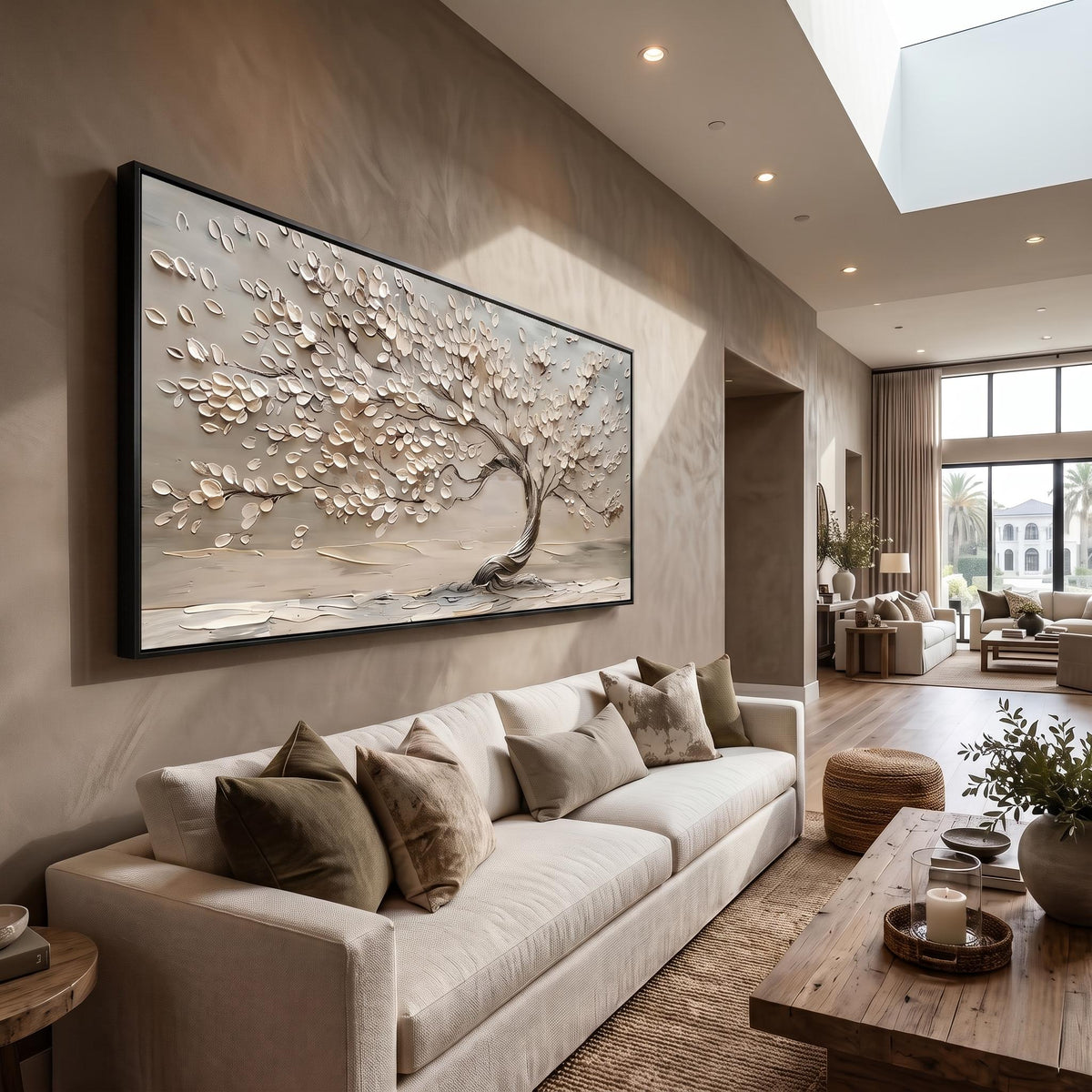 "Life Tree" - Modern Heavy Impasto Botanical Tree Artwork | White Palette Knife Painting | Luxury Horizontal Wall Art #YK 1546