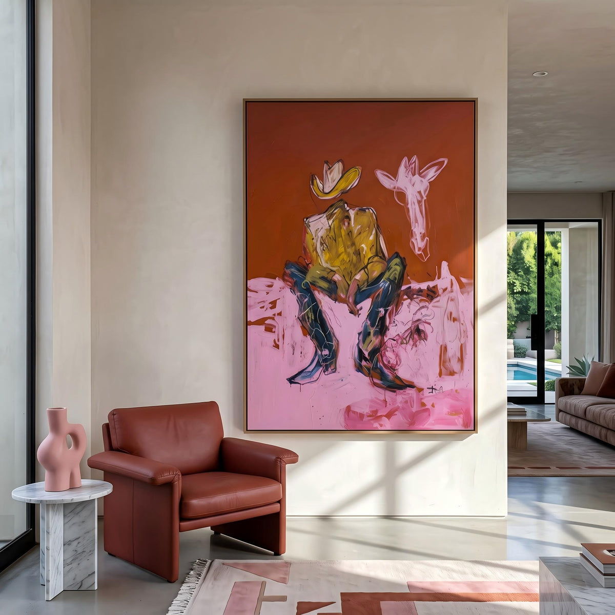 "Squatting faceless cowboy" - Modern Heavy Impasto Western Animal Artwork | Pink Palette Knife Painting | Luxury Vertical Wall Art #YK 1578