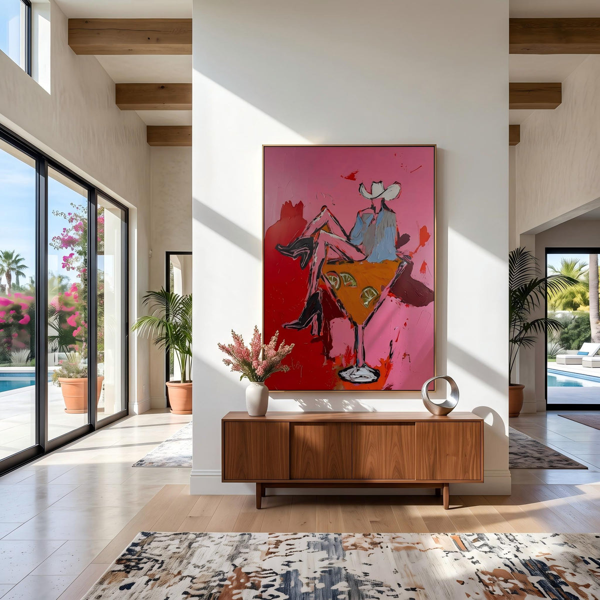 "Pink Cowgirl Cocktail" - Modern Heavy Impasto Western Animal Artwork | Pink Palette Knife Painting | Luxury Vertical Wall Art #YK 1584