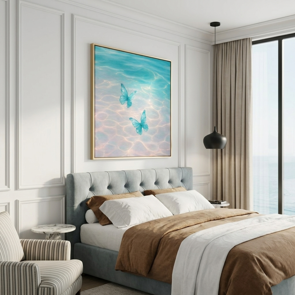"Azure Dreamscape" – Surreal Ethereal Butterfly & Water Abstract | Tropical Statement Art