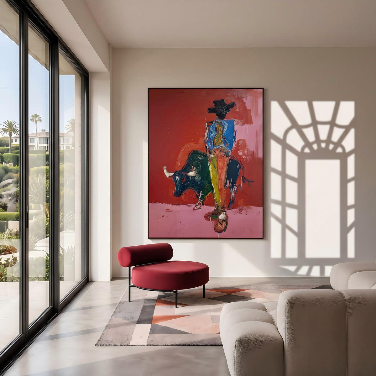 "Bullfighting Western Cowboy" - Modern Heavy Impasto Western Animal Artwork | Pink Palette Knife Painting | Luxury Vertical Wall Art #YK 1581