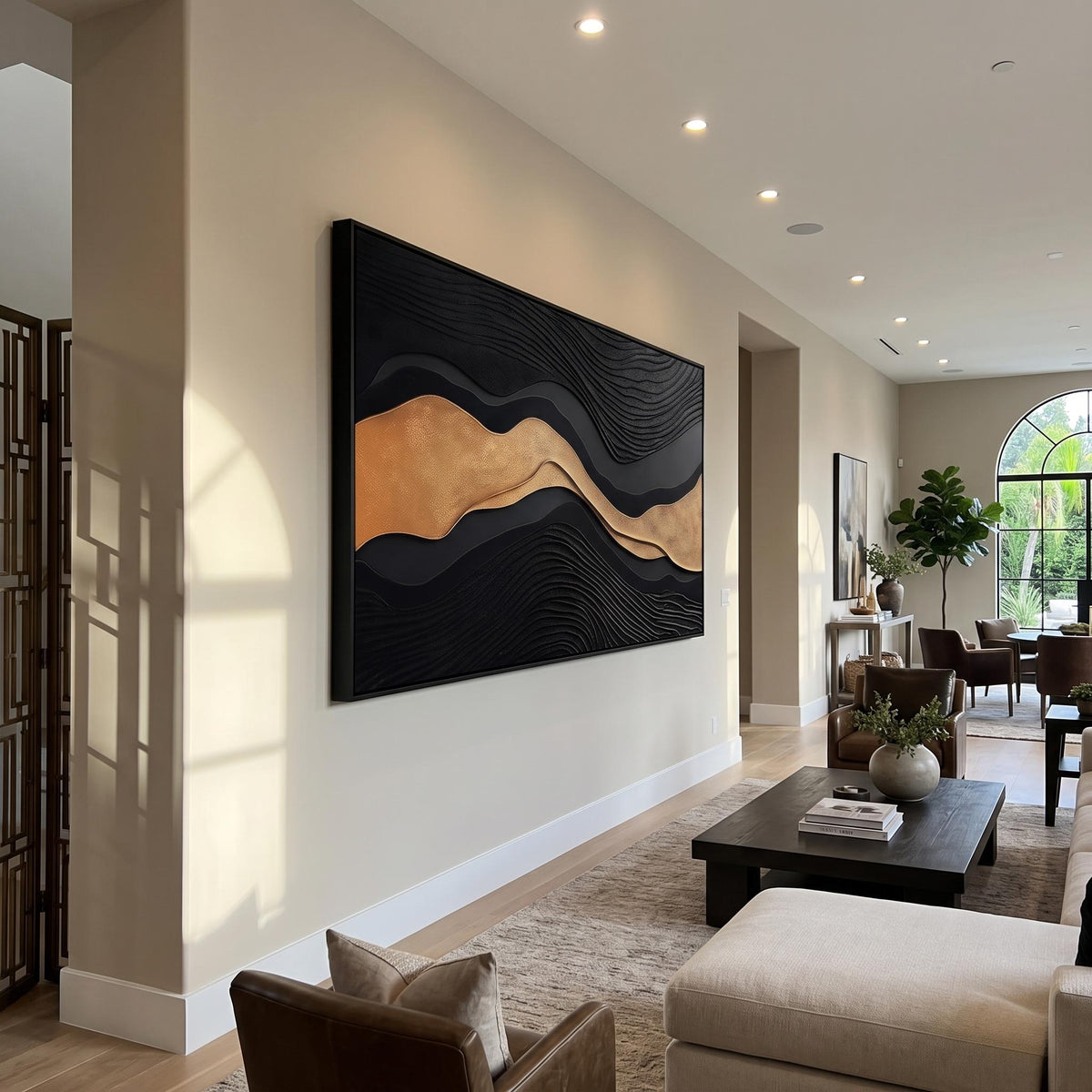 "Luxury Black‑Gold Layered Mountain" - Modern Heavy Impasto Landscape Artwork | Beige Palette Knife Painting | Luxury Horizontal Wall Art #YK 1545