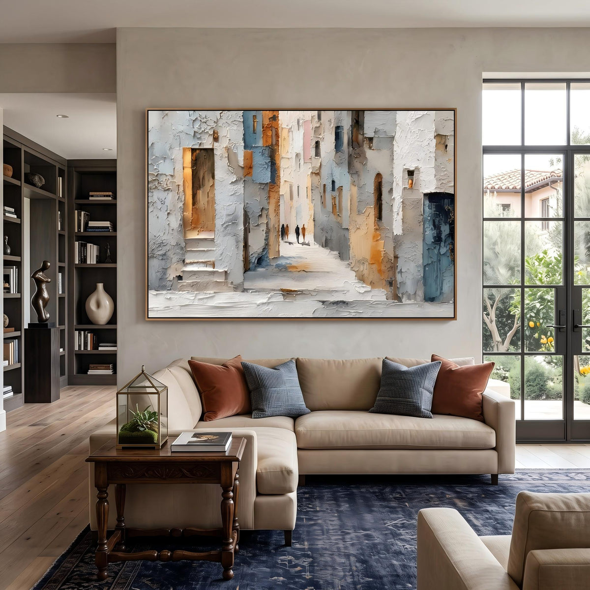 "European Old Town Street" - Modern Heavy Impasto Abstract Artwork | Beige & Grey Palette Knife Painting | Luxury Horizontal Wall Art #YK 1561