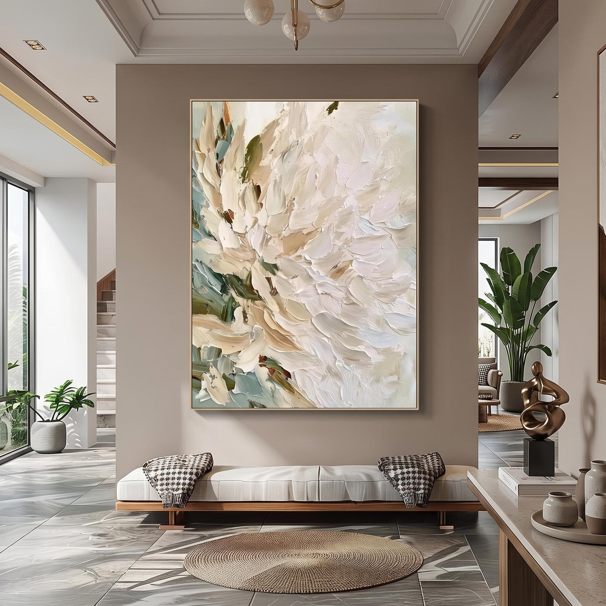 "Vertical Impasto White Flower" - Modern Heavy Impasto Floral Abstract | Beige Palette Knife Painting | Luxury Vertical Wall Art #YK 1553