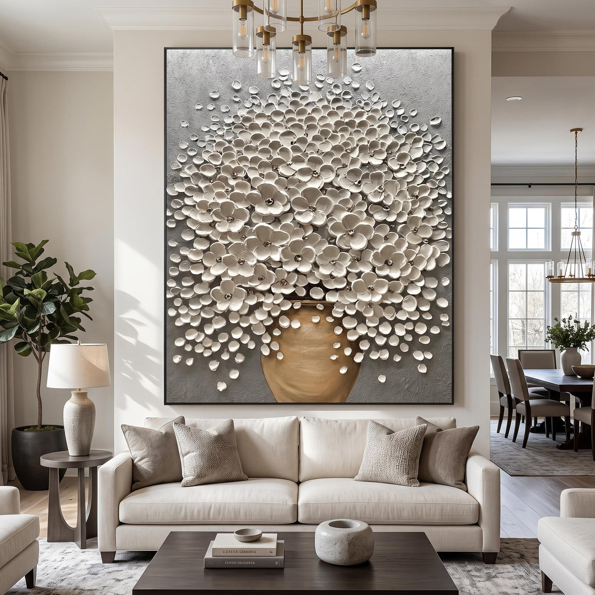 "Luxury 3D Blossom Wall" - Modern Heavy Impasto Floral Abstract | 3D Grey Palette Knife Painting | Luxury Vertical Wall Art #YK 1549