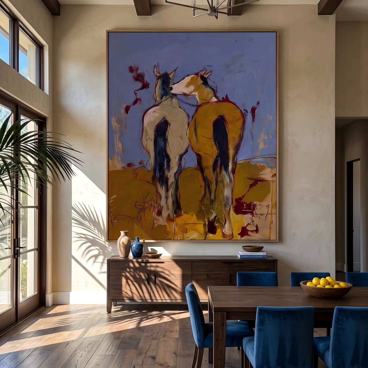 "Wild Companions" - Modern Heavy Impasto Western Animal Artwork | Yellow Palette Knife Painting | Luxury Vertical Wall Art #YK 1573