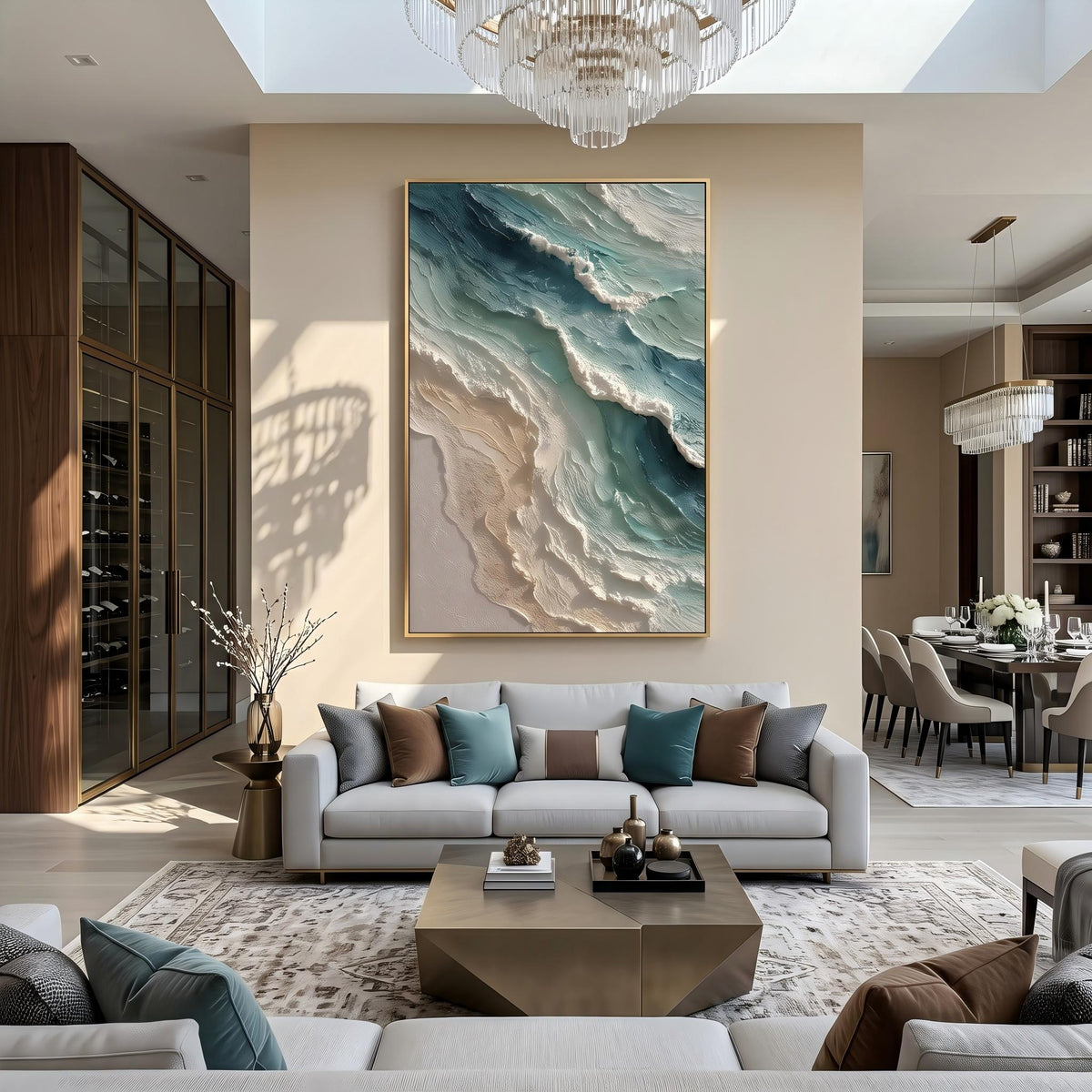 "Blue Green Coastal Wall" - Modern Heavy Impasto Coastal Landscape | Beige Palette Knife Painting | Luxury Vertical Wall Art #YK 1565