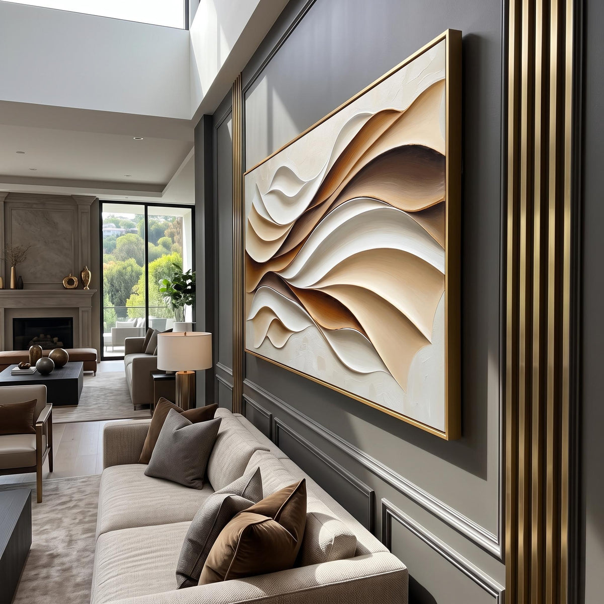 "Layered Wave" - Modern Heavy Impasto Ocean Wave Seascape | Beige Palette Knife Painting | Luxury Horizontal Wall Art #YK 1555