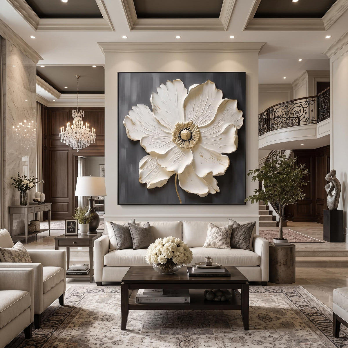 "Square White‑Gold Flower" - Modern Heavy Impasto Floral Abstract | White Palette Knife Painting | Luxury Square Wall Art #YK 1619
