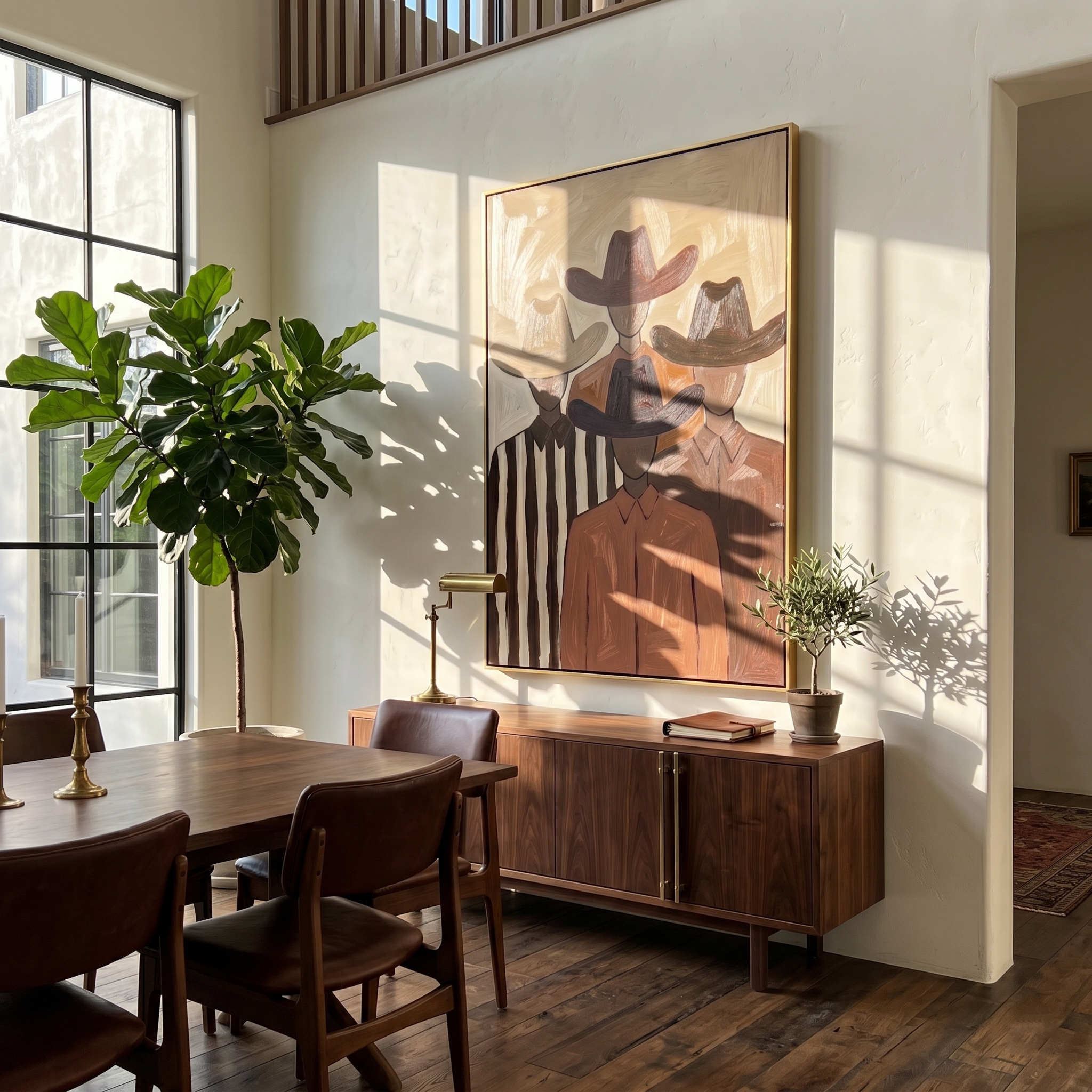 "The Four Cowboys" – Modern Heavy Impasto Western Art | 3D Cinnamon & Sand Palette Knife Painting | Luxury Vertical Wall Art #PE 015