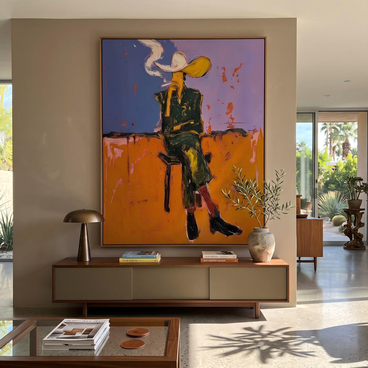 "Cigarettes Western Cowboy" - Modern Heavy Impasto Western Animal Artwork | Orange Palette Knife Painting | Luxury Vertical Wall Art #YK 1579