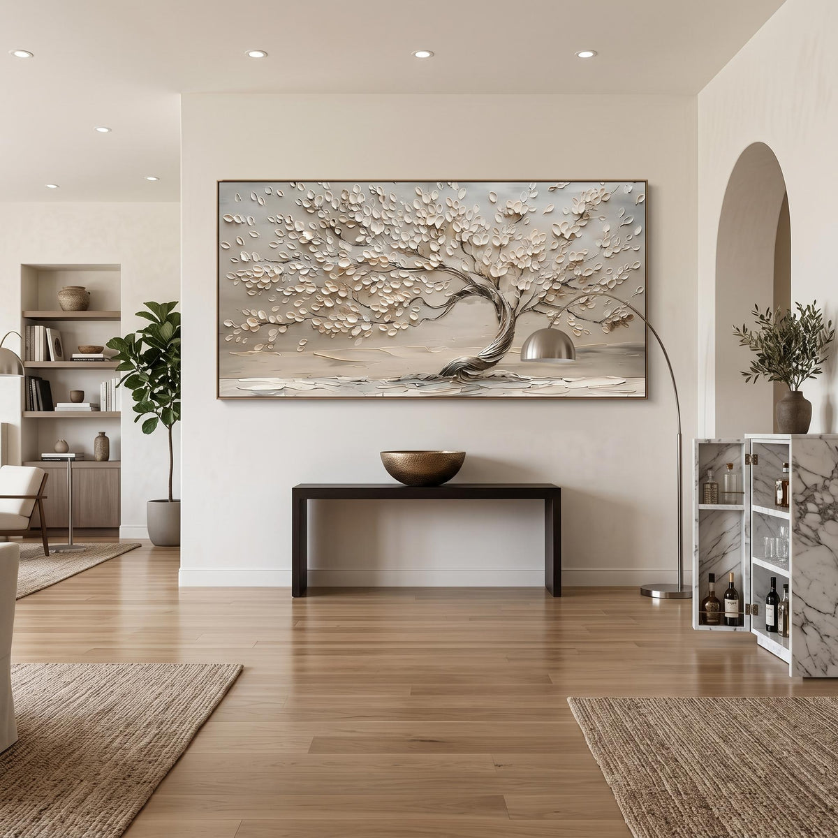 "Life Tree" - Modern Heavy Impasto Botanical Tree Artwork | White Palette Knife Painting | Luxury Horizontal Wall Art #YK 1546