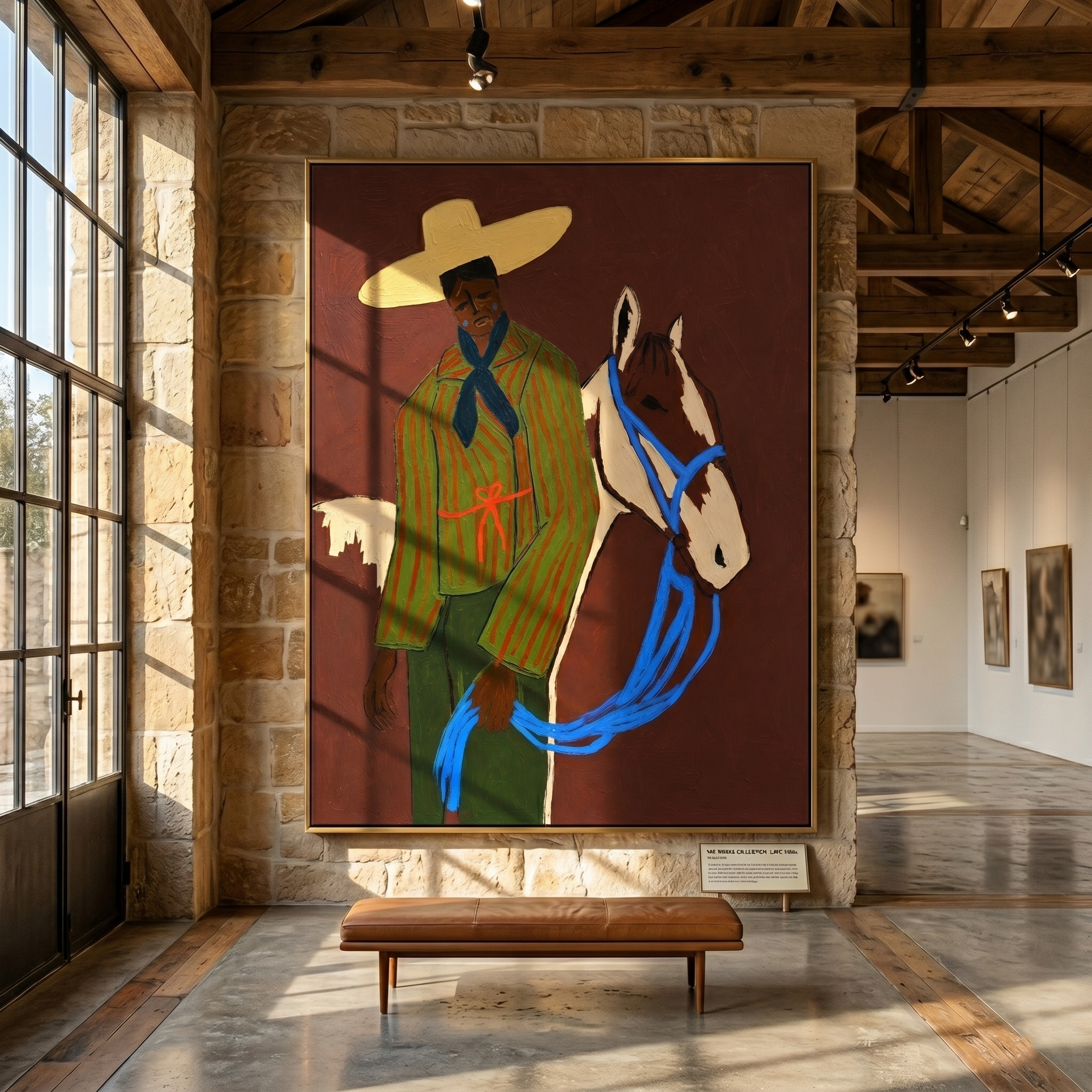 "The Herder & His Pinto" – Modern Heavy Impasto Folk Western Art | 3D Russet & Cobalt Palette Knife Painting | Luxury Vertical Wall Art #PT 022
