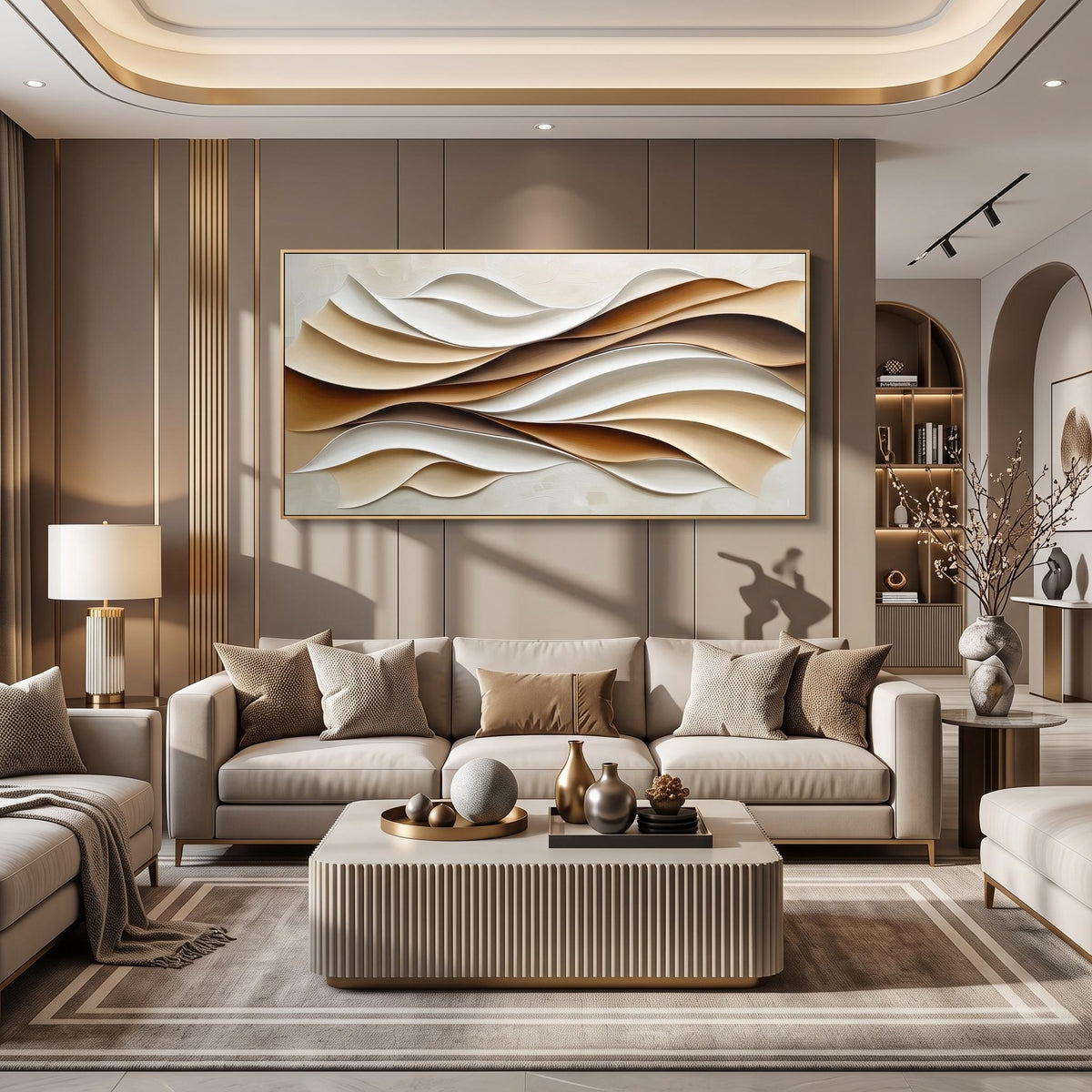 "Layered Wave" - Modern Heavy Impasto Ocean Wave Seascape | Beige Palette Knife Painting | Luxury Horizontal Wall Art #YK 1555