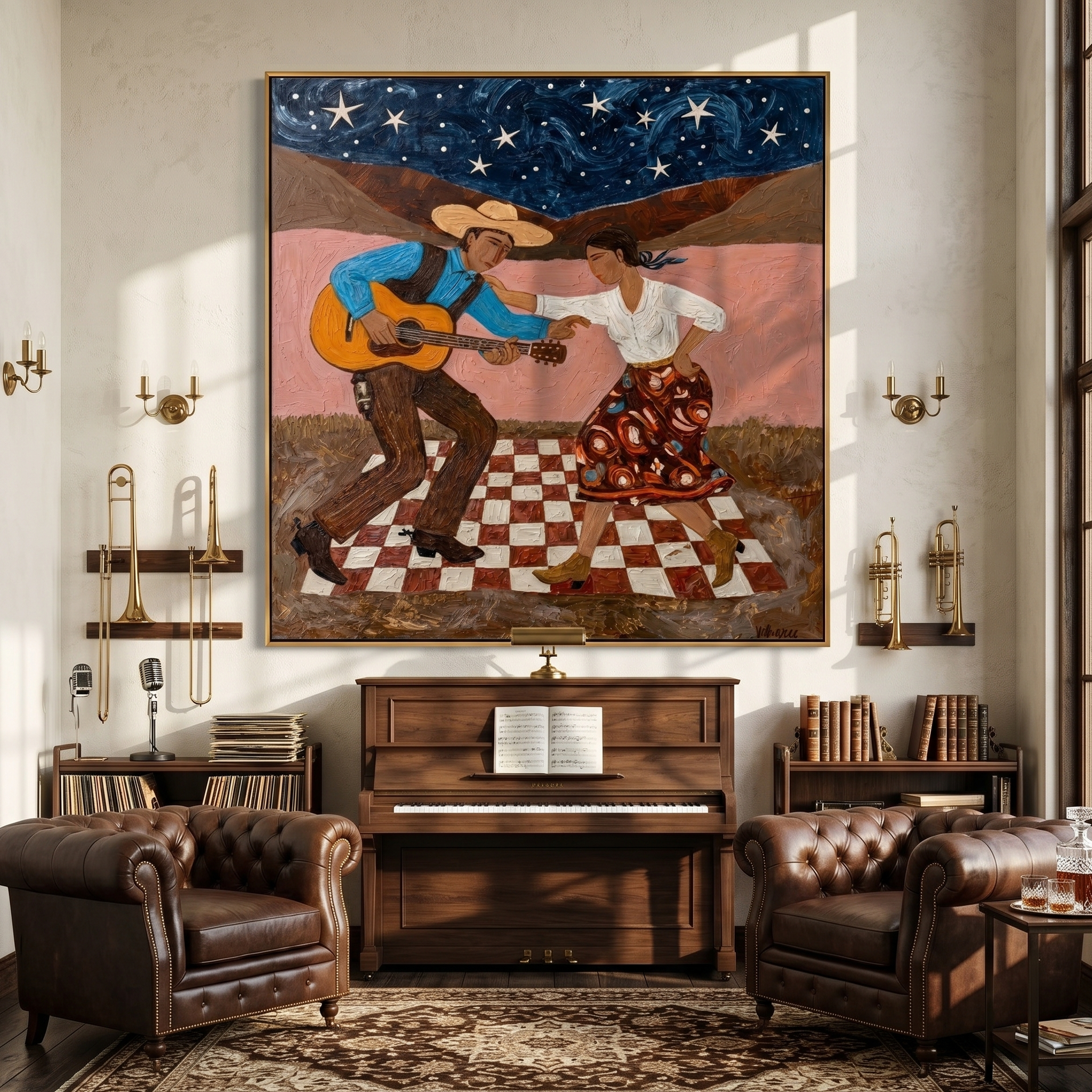 "Starry Folk Serenade" – Modern Heavy Impasto Southwestern Figurative | 3D Midnight & Blush Terracotta Palette Knife Painting | Luxury Square Wall Art #PT 037
