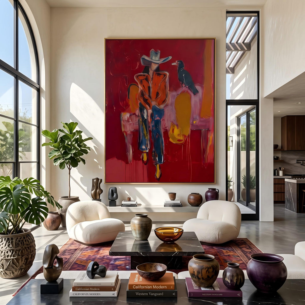 "Crow Cowgirl" - Modern Heavy Impasto Western Animal Artwork | Golden & Pink Palette Knife Painting | Luxury Vertical Wall Art #YK 1575