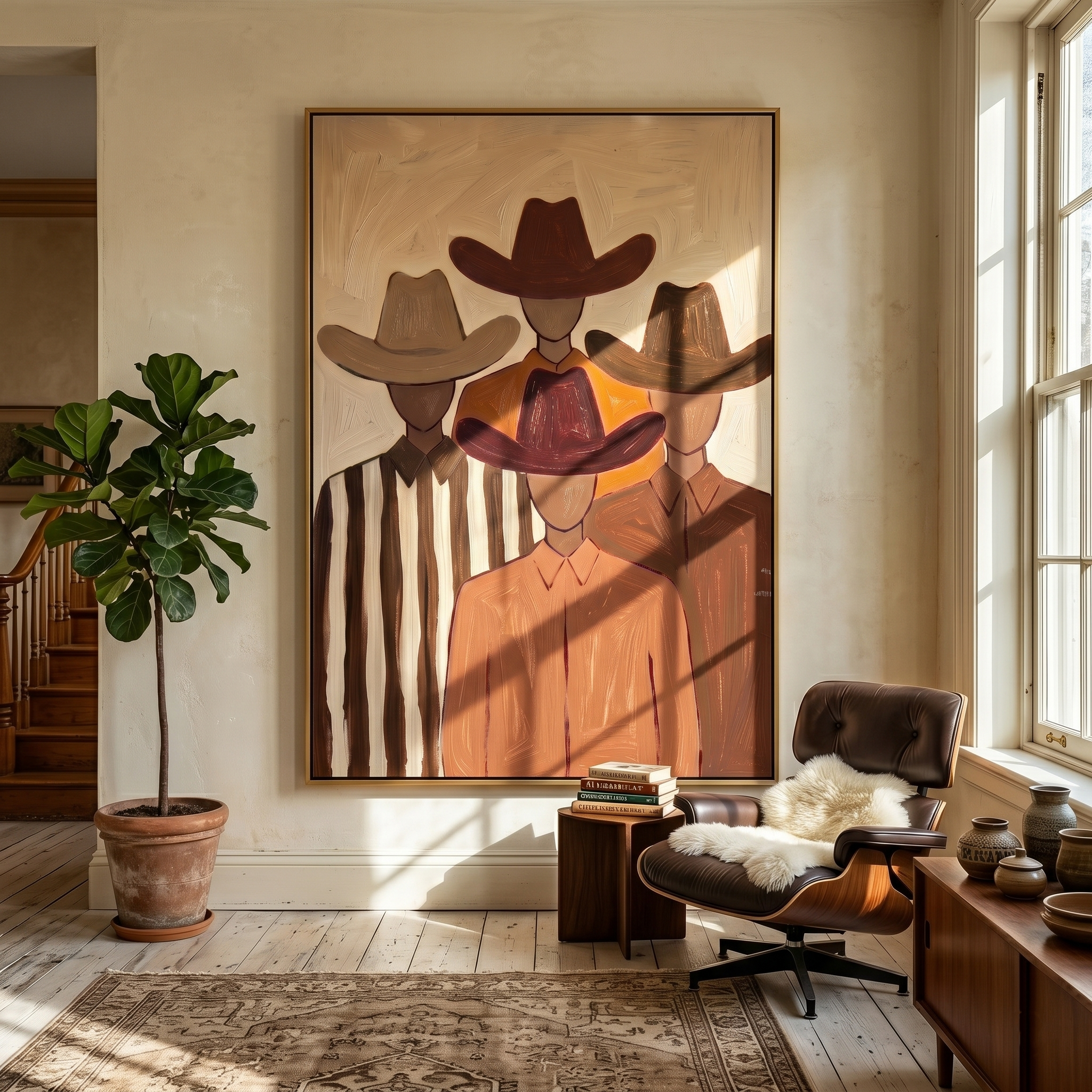 "The Four Cowboys" – Modern Heavy Impasto Western Art | 3D Cinnamon & Sand Palette Knife Painting | Luxury Vertical Wall Art #PE 015