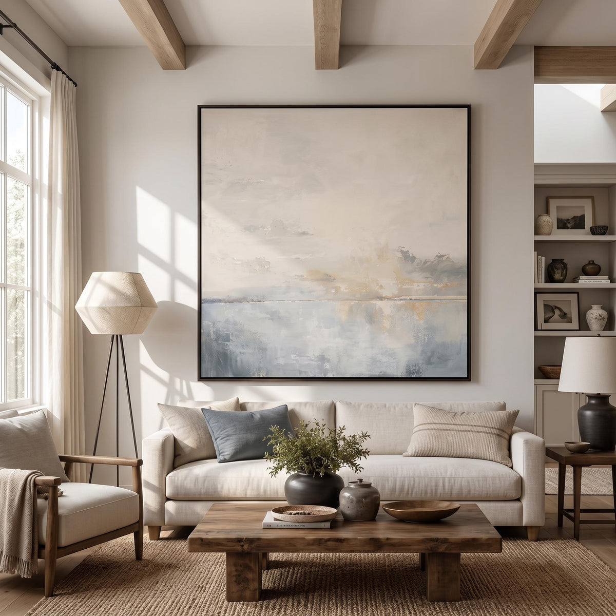 "Square Hazy Abstract Seascape" - Modern Heavy Impasto Coastal Landscape | Beige Palette Knife Painting | Luxury Square Wall Art #YK 1616
