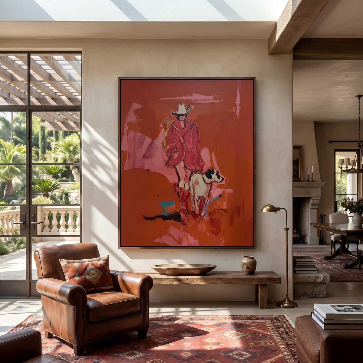 "Cowgirl and Dog" - Modern Heavy Impasto Dog Portrait Artwork | Pink Palette Knife Painting | Luxury Vertical Wall Art #YK 1583