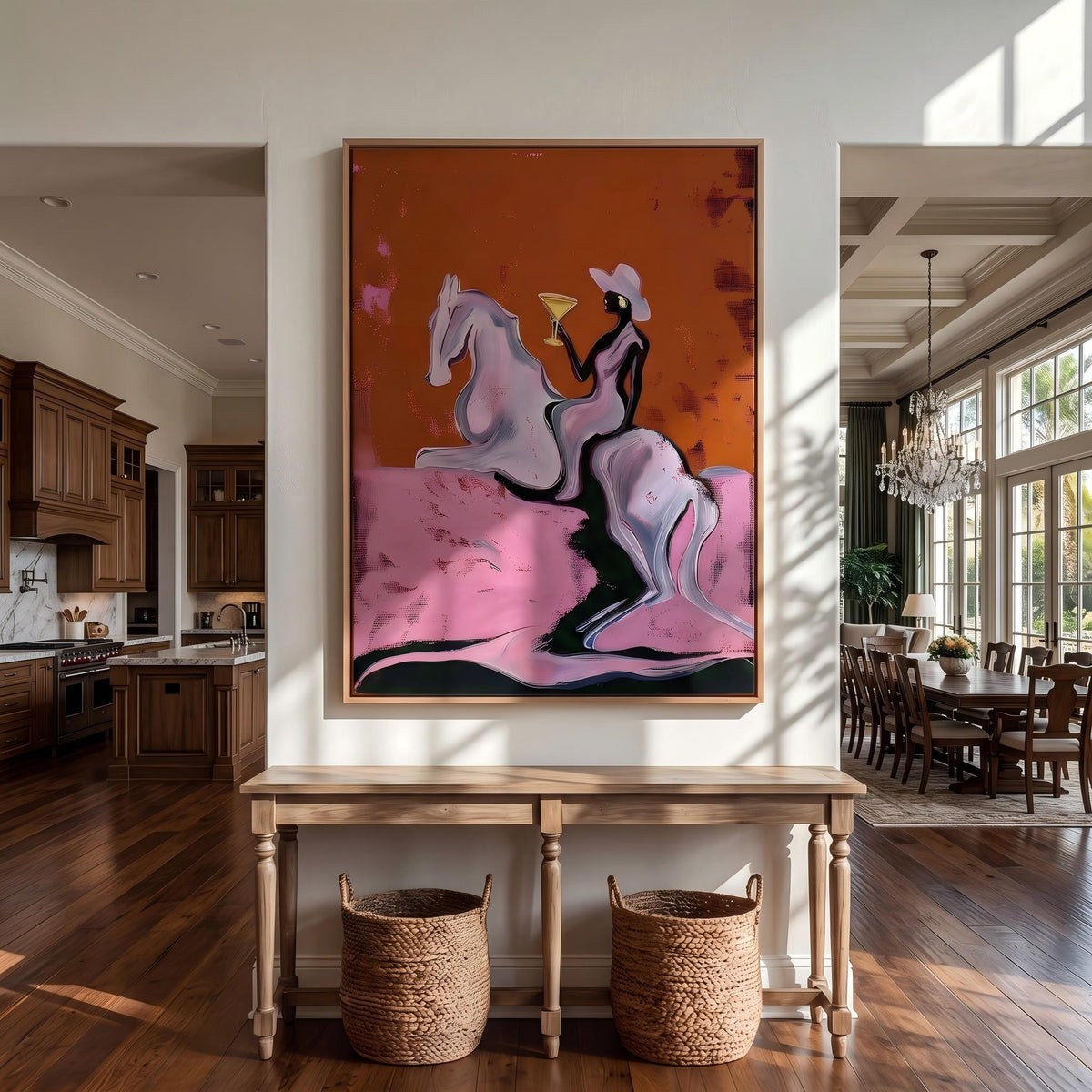 "Cowgirl Martini Ride" - Modern Heavy Impasto Western Animal Artwork | Pink Palette Knife Painting | Luxury Vertical Wall Art #YK 1571