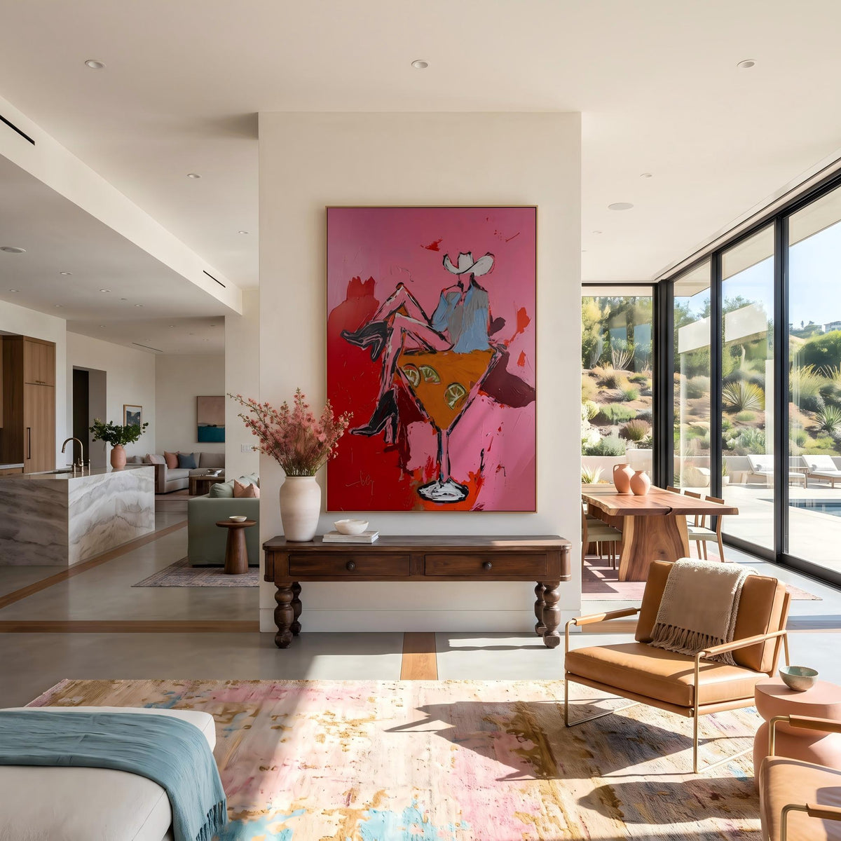 "Pink Cowgirl Cocktail" - Modern Heavy Impasto Western Animal Artwork | Pink Palette Knife Painting | Luxury Vertical Wall Art #YK 1584