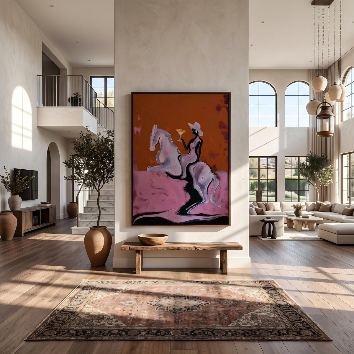 "Cowgirl Martini Ride" - Modern Heavy Impasto Western Animal Artwork | Pink Palette Knife Painting | Luxury Vertical Wall Art #YK 1571