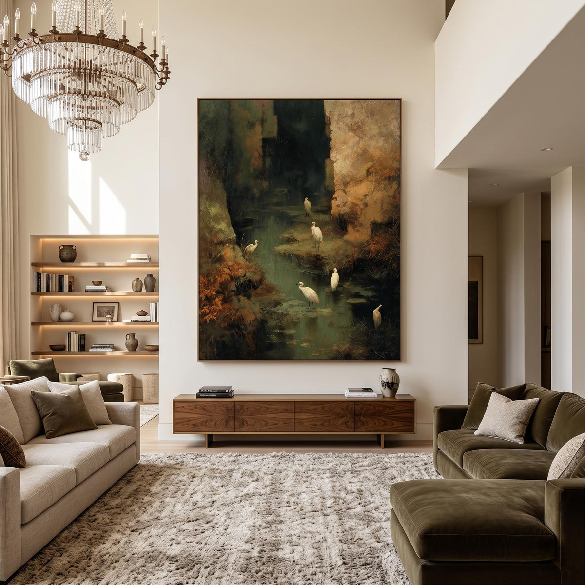 "Wetland Egret" - Modern Heavy Impasto Abstract Artwork | Golden Palette Knife Painting | Luxury Vertical Wall Art #YK 1550