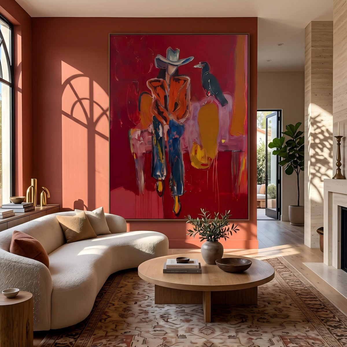 "Crow Cowgirl" - Modern Heavy Impasto Western Animal Artwork | Golden & Pink Palette Knife Painting | Luxury Vertical Wall Art #YK 1575