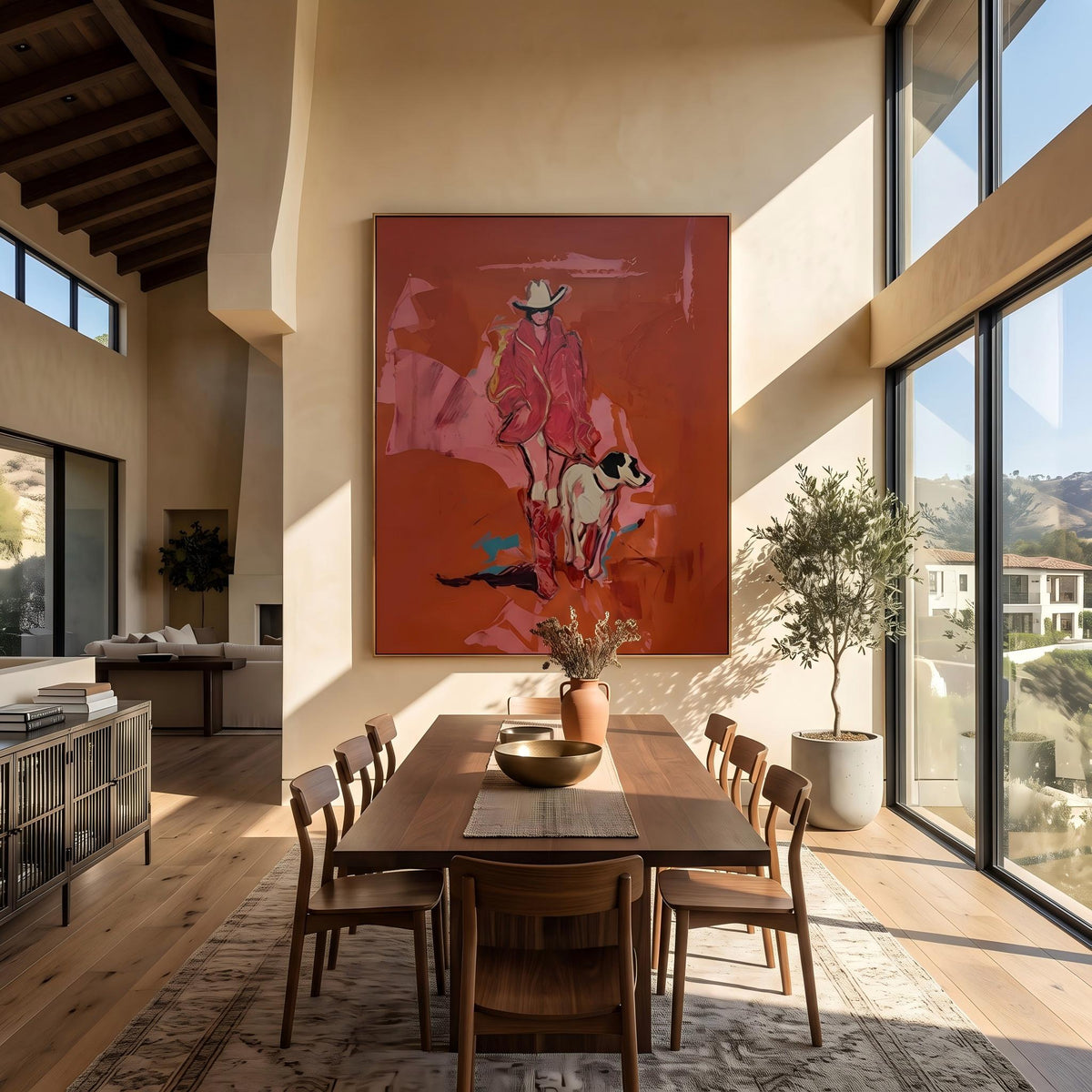 "Cowgirl and Dog" - Modern Heavy Impasto Dog Portrait Artwork | Pink Palette Knife Painting | Luxury Vertical Wall Art #YK 1583