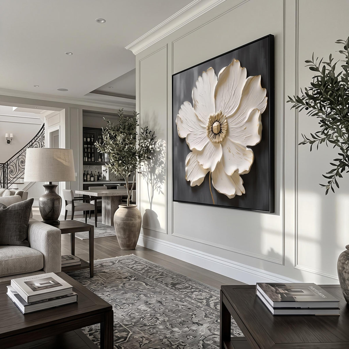 "Square White‑Gold Flower" - Modern Heavy Impasto Floral Abstract | White Palette Knife Painting | Luxury Square Wall Art #YK 1619