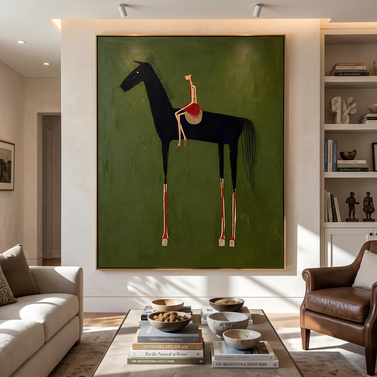 "Black Horse & Rider" - Modern Heavy Impasto Western Animal Artwork | Green Palette Knife Painting | Luxury Vertical Wall Art #YK 1558