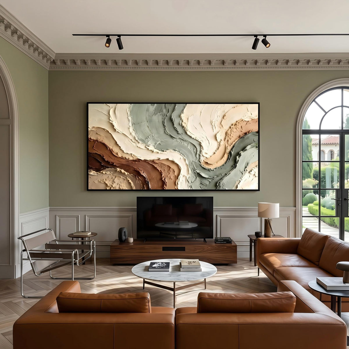 "Muted Green Brown Flow Textured Art" - Modern Heavy Impasto Abstract Artwork | Beige Palette Knife Painting | Luxury Horizontal Wall Art #YK 1612