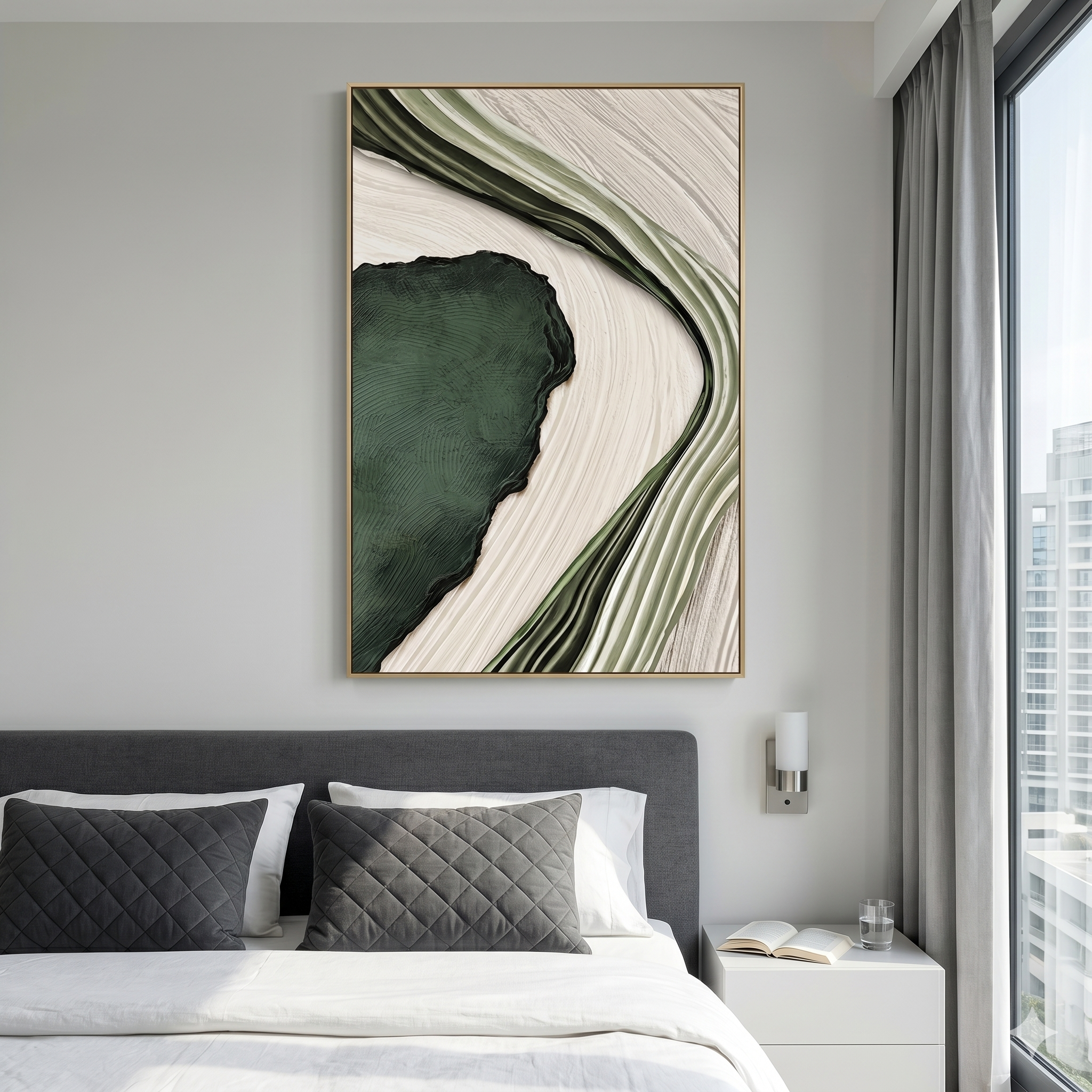 "Emerald Current" – Modern 3D Organic Linear Relief | Vertical Sage & Moss Statement Art