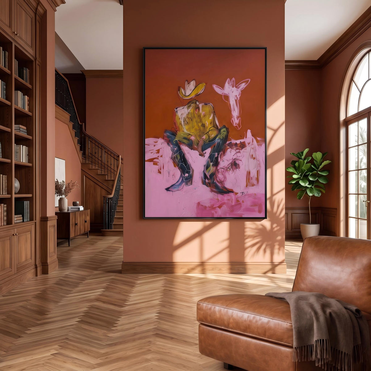 "Squatting faceless cowboy" - Modern Heavy Impasto Western Animal Artwork | Pink Palette Knife Painting | Luxury Vertical Wall Art #YK 1578