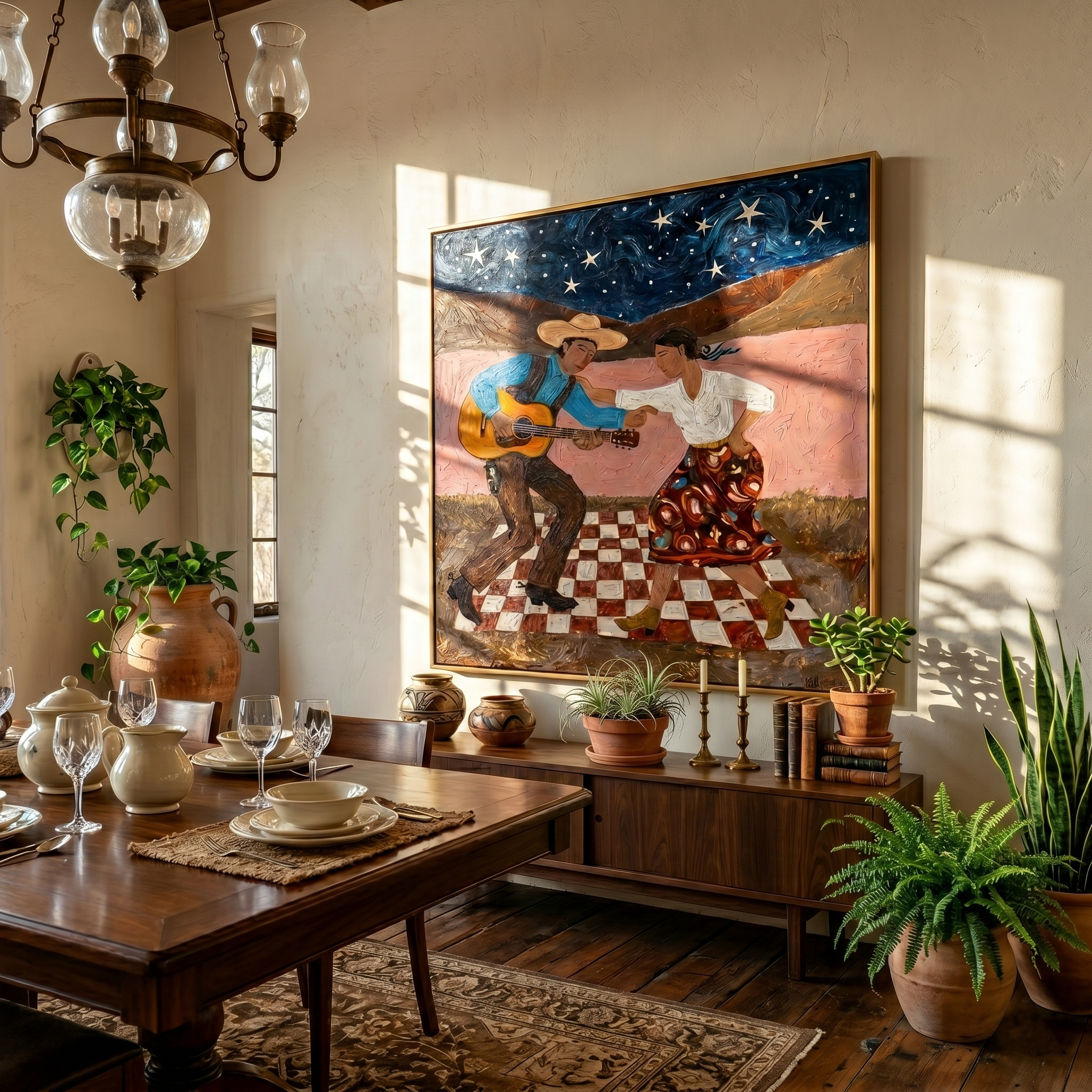 "Starry Folk Serenade" – Modern Heavy Impasto Southwestern Figurative | 3D Midnight & Blush Terracotta Palette Knife Painting | Luxury Square Wall Art #PT 037