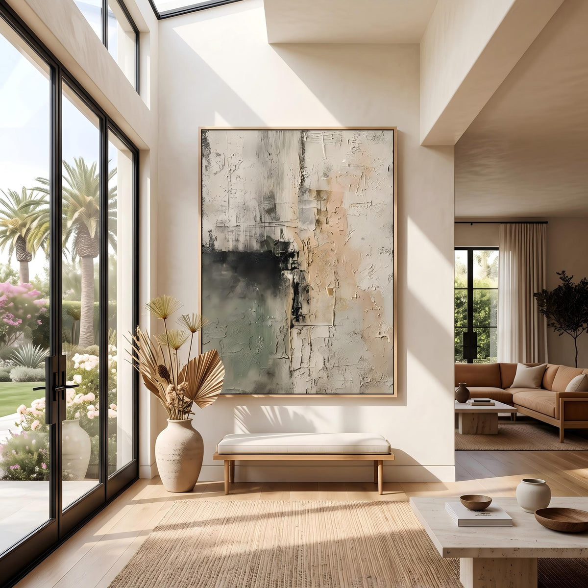 "Sage Green Beige Textured Abstract Wall" - Modern Heavy Impasto Abstract Artwork | Beige Palette Knife Painting | Luxury Vertical Wall Art #YK 1610
