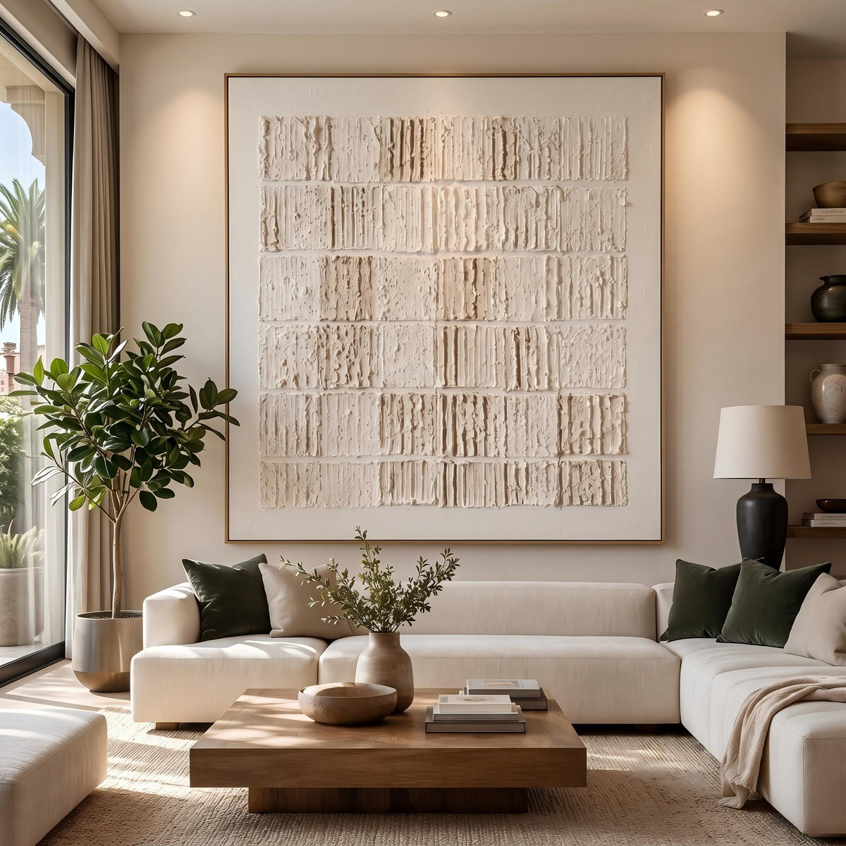 "Cream Block Relief Abstract" - Modern Heavy Impasto Abstract Artwork | White Palette Knife Painting | Luxury Square Wall Art #YK 1556