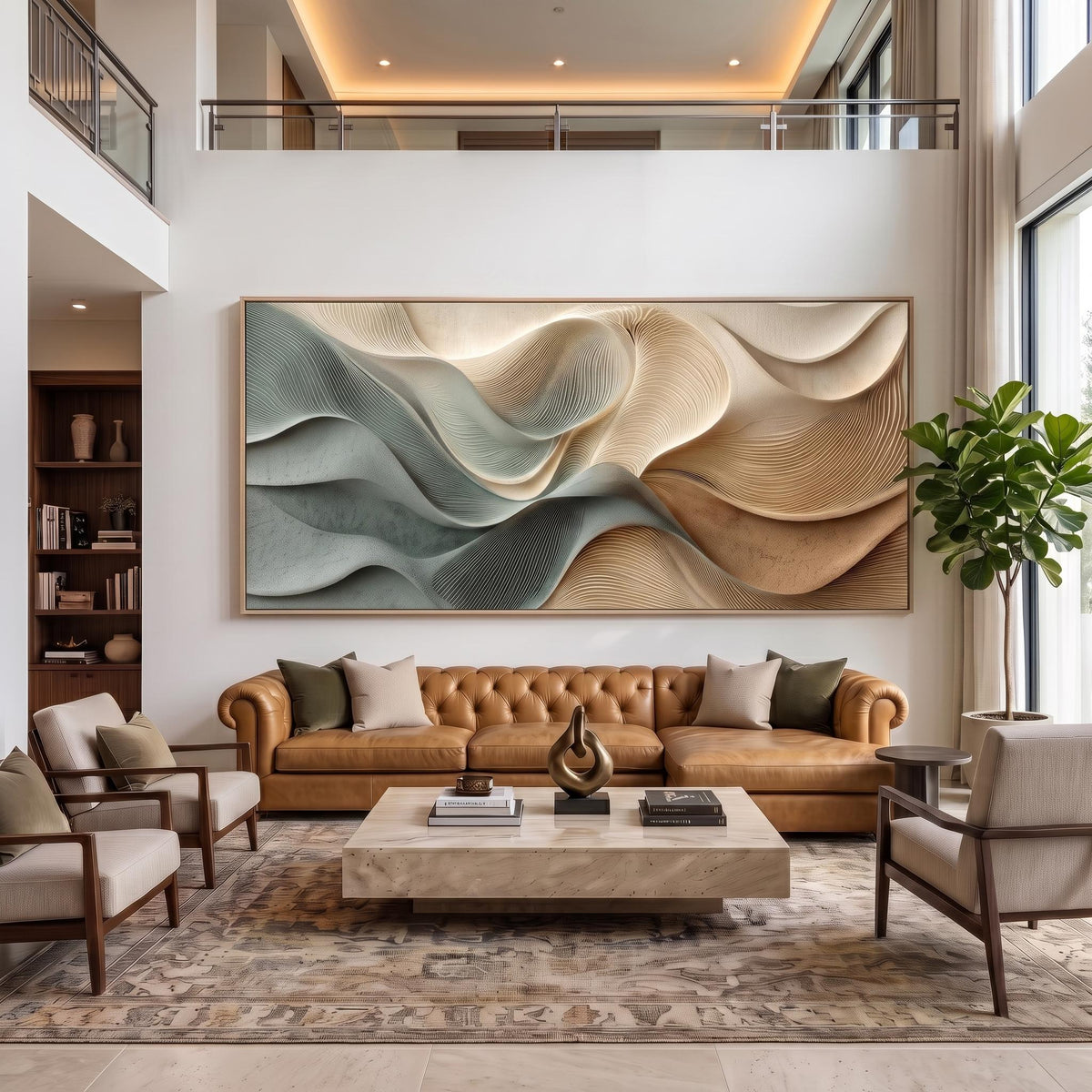 "Dusty Blue Beige Heavy‑Texture Wave" - Modern Heavy Impasto Ocean Wave Seascape | Beige Palette Knife Painting | Luxury Horizontal Wall Art #YK 1608