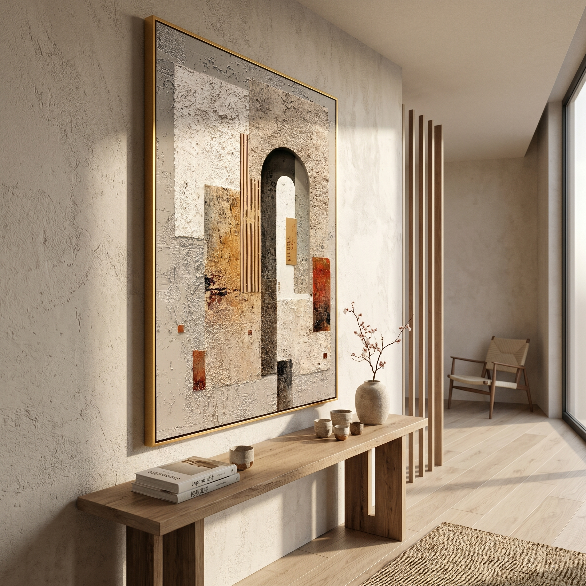 "Weathered Geometric Arch" – Expressive Impasto Abstract Artwork | 3D Layered Neutral Canvas | Luxury Statement Vertical Wall Art#PT 006