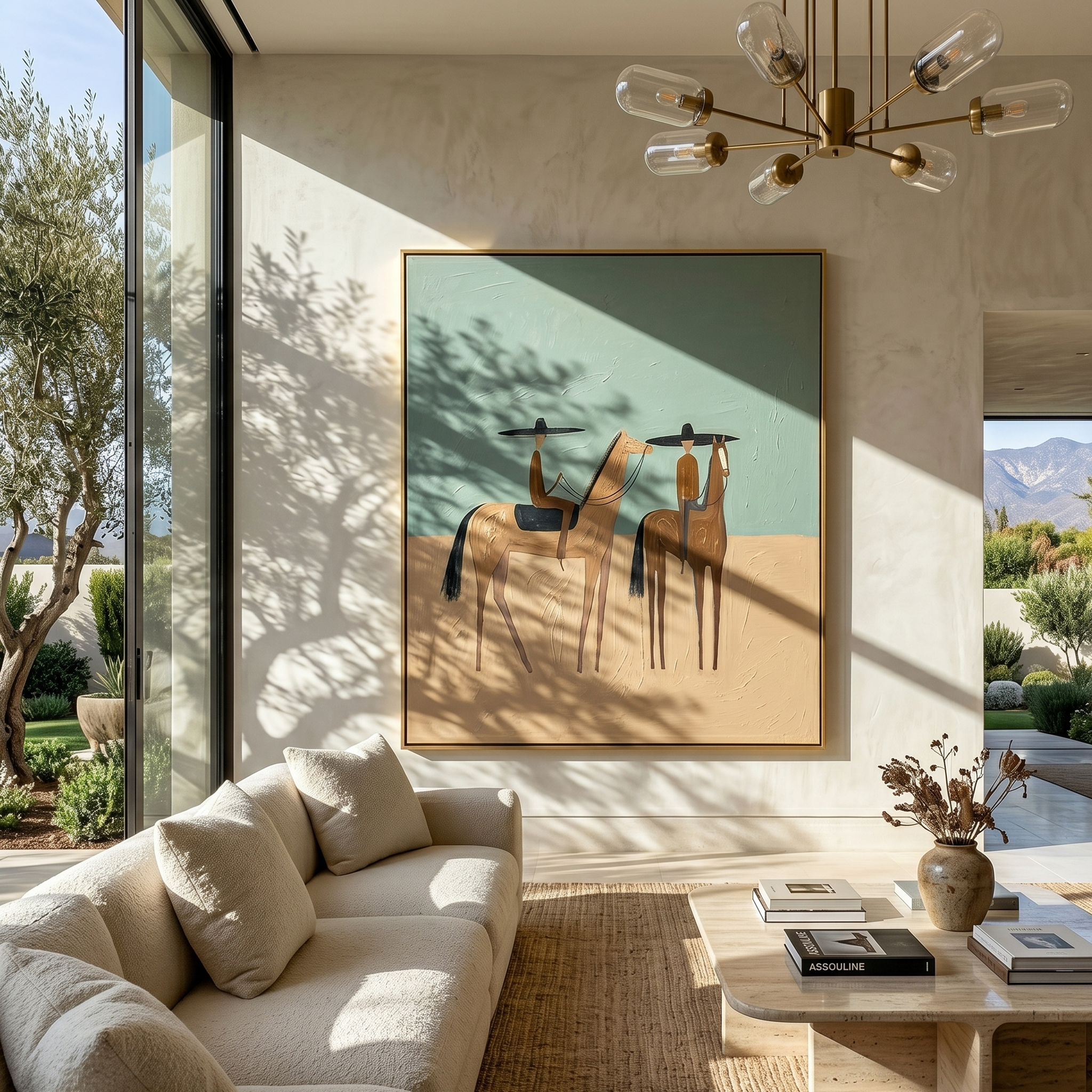 "Two Riders at Rest" – Modern Heavy Impasto Western Art | 3D Sage & Sand Palette Knife Painting | Luxury Vertical Wall Art #AB 011