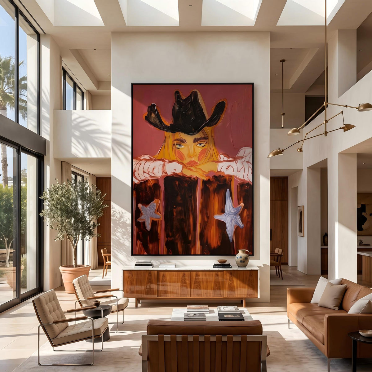 "Western Cowboy Girl" - Modern Heavy Impasto Western Animal Artwork | Orange Palette Knife Painting | Luxury Vertical Wall Art #YK 1580
