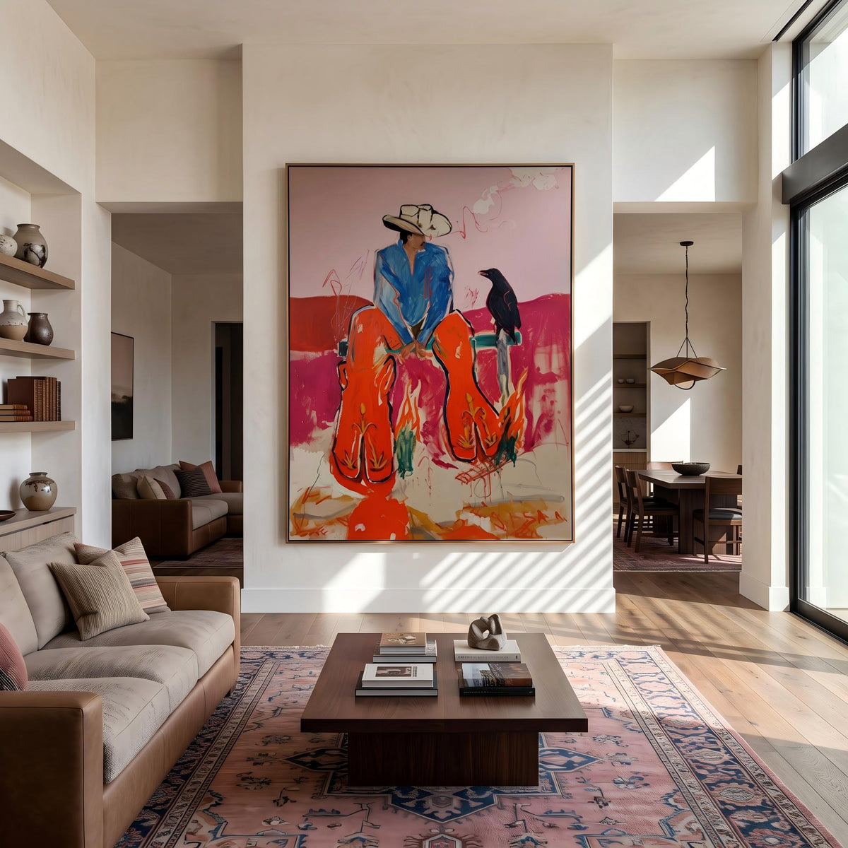"Crow Cowboy" - Modern Heavy Impasto Western Animal Artwork | Pink Palette Knife Painting | Luxury Vertical Wall Art #YK 1582
