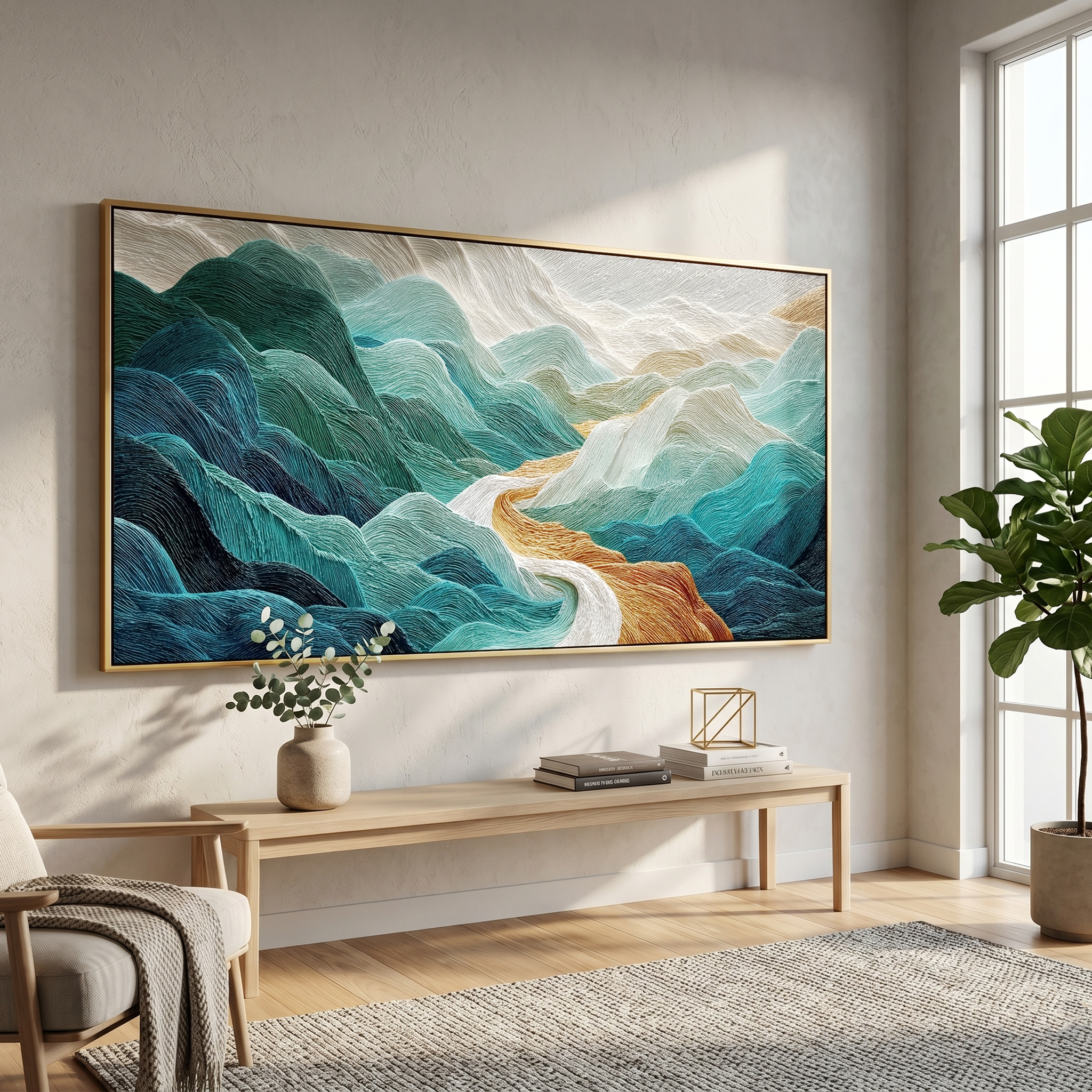 "Textured Mountain Flow" – Tactile Abstract Nature Art | Deep Teal, Turquoise & Gold Impasto Wall Decor | Contemporary Horizontal Art#PT 011
