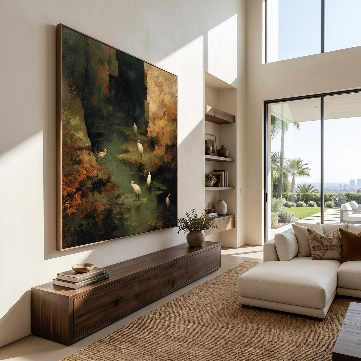 "Wetland Egret" - Modern Heavy Impasto Abstract Artwork | Golden Palette Knife Painting | Luxury Vertical Wall Art #YK 1550