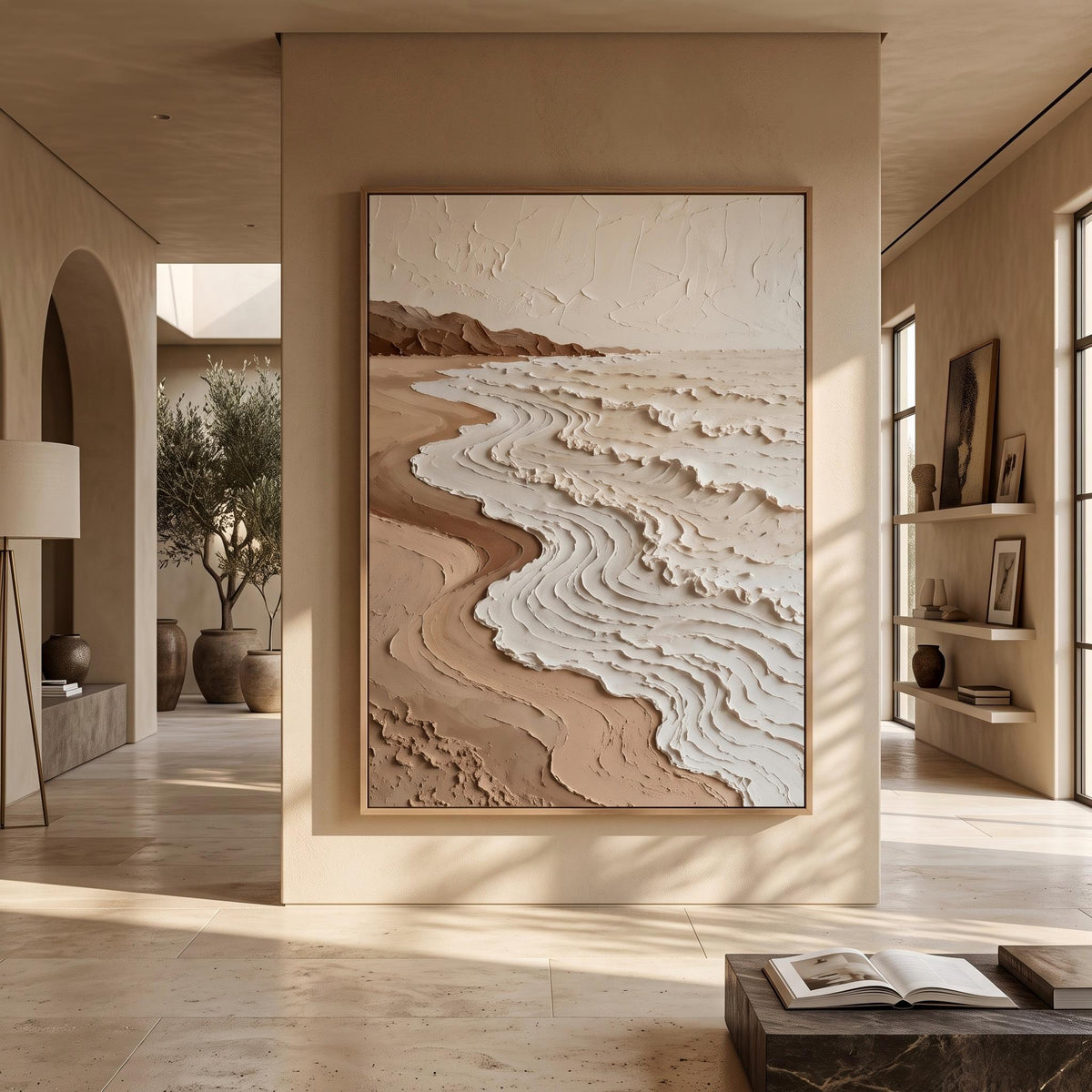 "Neutral Tones Stereoscopic Seaside Wall Decor" - Modern Heavy Impasto Coastal Landscape | Beige Palette Knife Painting | Luxury Vertical Wall Art #YK 1613