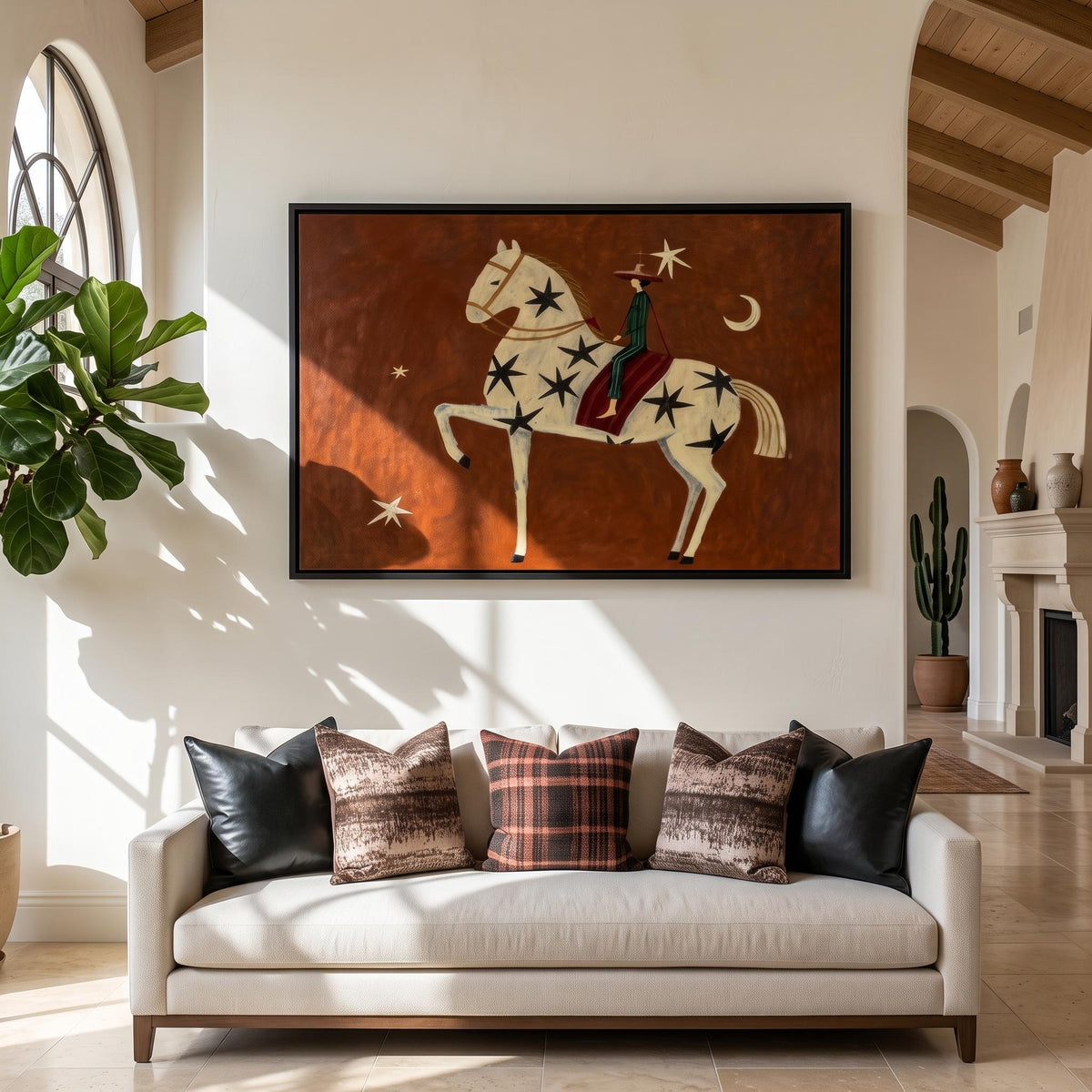 "Rust Red Stylized Horse With Moon & Stars" - Modern Heavy Impasto Western Animal Artwork | Orange Palette Knife Painting | Luxury Horizontal Wall Art #YK 1597