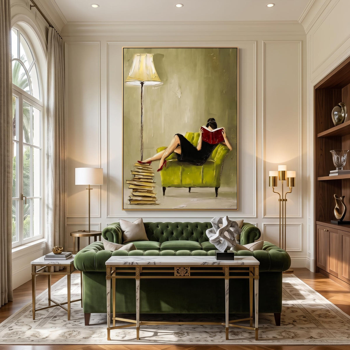 "Woman Reading" - Modern Heavy Impasto Abstract Artwork | Beige & Yellow Palette Knife Painting | Luxury Vertical Wall Art #YK 1620